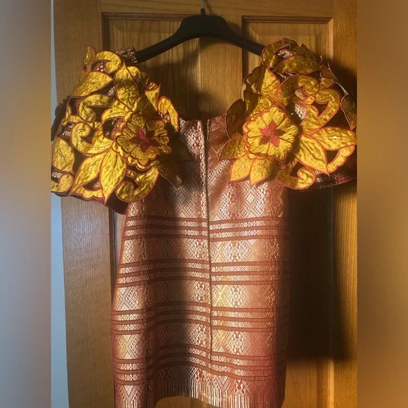 Elegant Gold and Burgundy Embroidered Dress Outfit - Picture 3 of 5